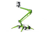 Green articulating boom lift with outriggers