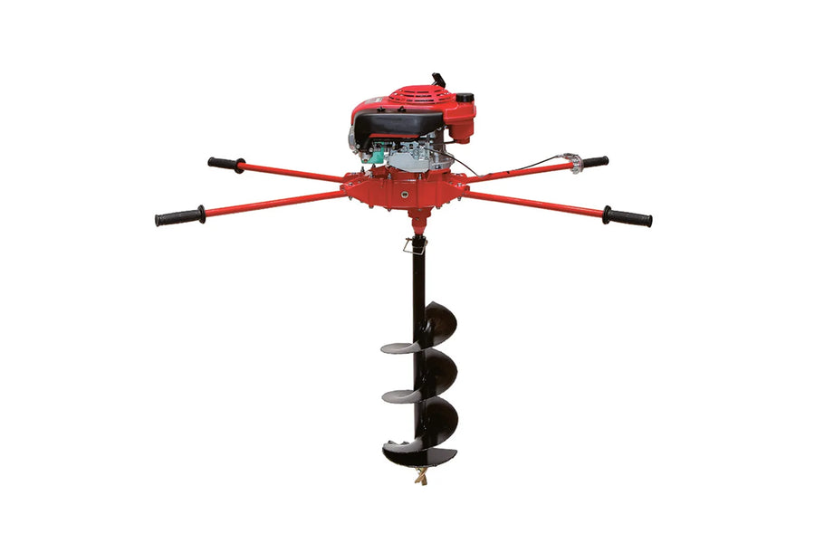 Red post hole digger with black auger bit