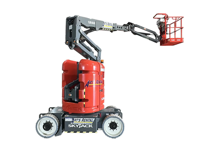 Orange Skyjack lift with extended arm on a white background