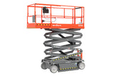 Orange and gray scissor lift with Skyjack branding