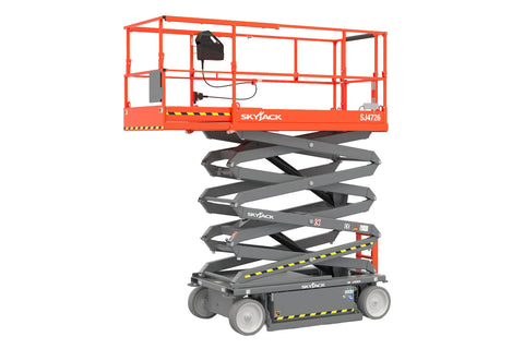 Orange and gray scissor lift with Skyjack branding