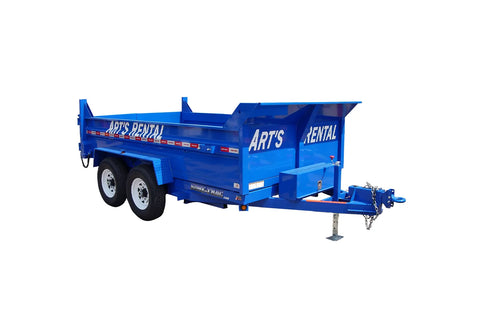 blue dump trailer with 'Art's Rental' branding