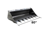 An 80 inch black tooth bucket for skid steer.