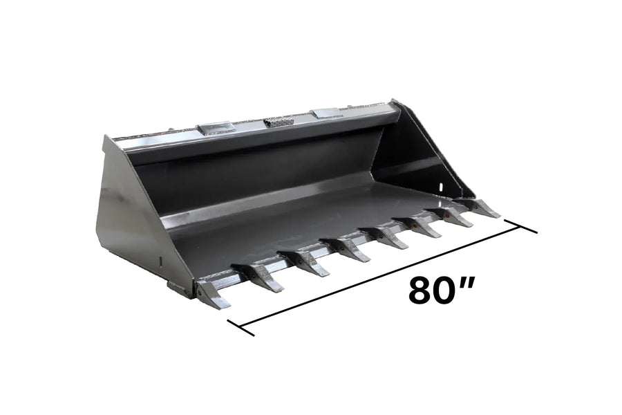 An 80 inch black tooth bucket for skid steer.