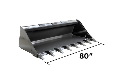 An 80 inch black tooth bucket for skid steer.
